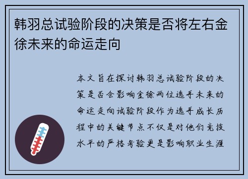 韩羽总试验阶段的决策是否将左右金徐未来的命运走向