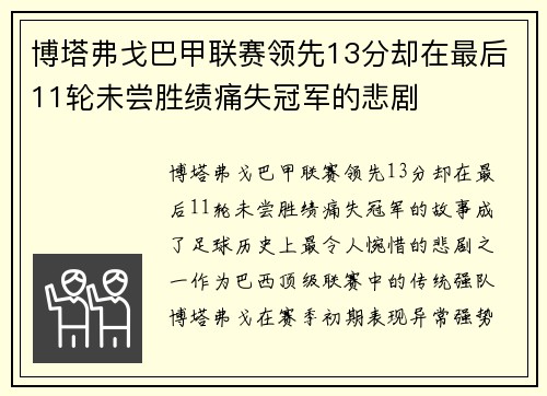 博塔弗戈巴甲联赛领先13分却在最后11轮未尝胜绩痛失冠军的悲剧